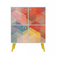 Manhattan Comfort 177AMC132 Avesta 45.28 Mid-Century Modern High Double Cabinet with Funky Colorful Design and Solid Wood Legs in White, Color Stamp and Yellow